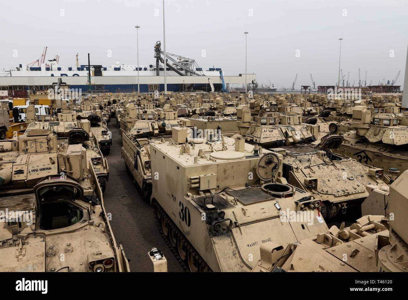 3d Armored Brigade Combat Team, 4th Infantry Division equipment arrives in Kuwait for the brigade's rotation Feb. 27, 2019. Stock Photo
