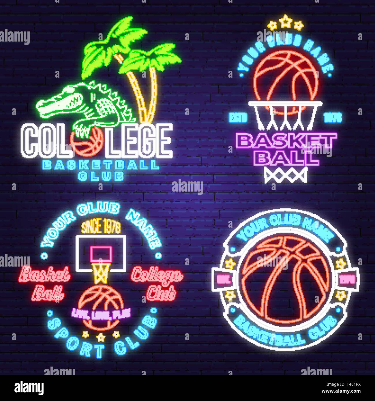 Set of basketball club neon design or emblem. Vector. Graphic design for t- shirt, tee, print or apparel. Vintage typography design with basketball  hoop and ball silhouette. Night neon signboard Stock Vector Image