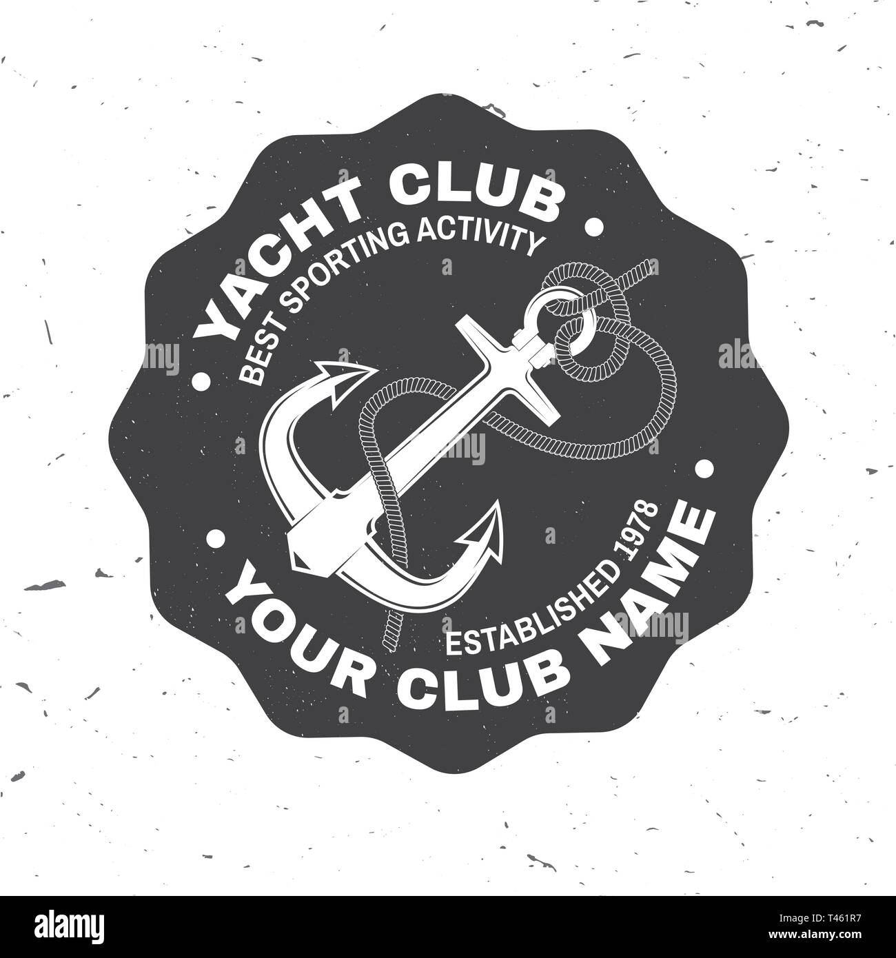 Yacht club badge. Vector illustration. Concept for shirt, print, stamp or tee. Vintage typography design with black sea anchor and rope knot silhouette. Stock Vector