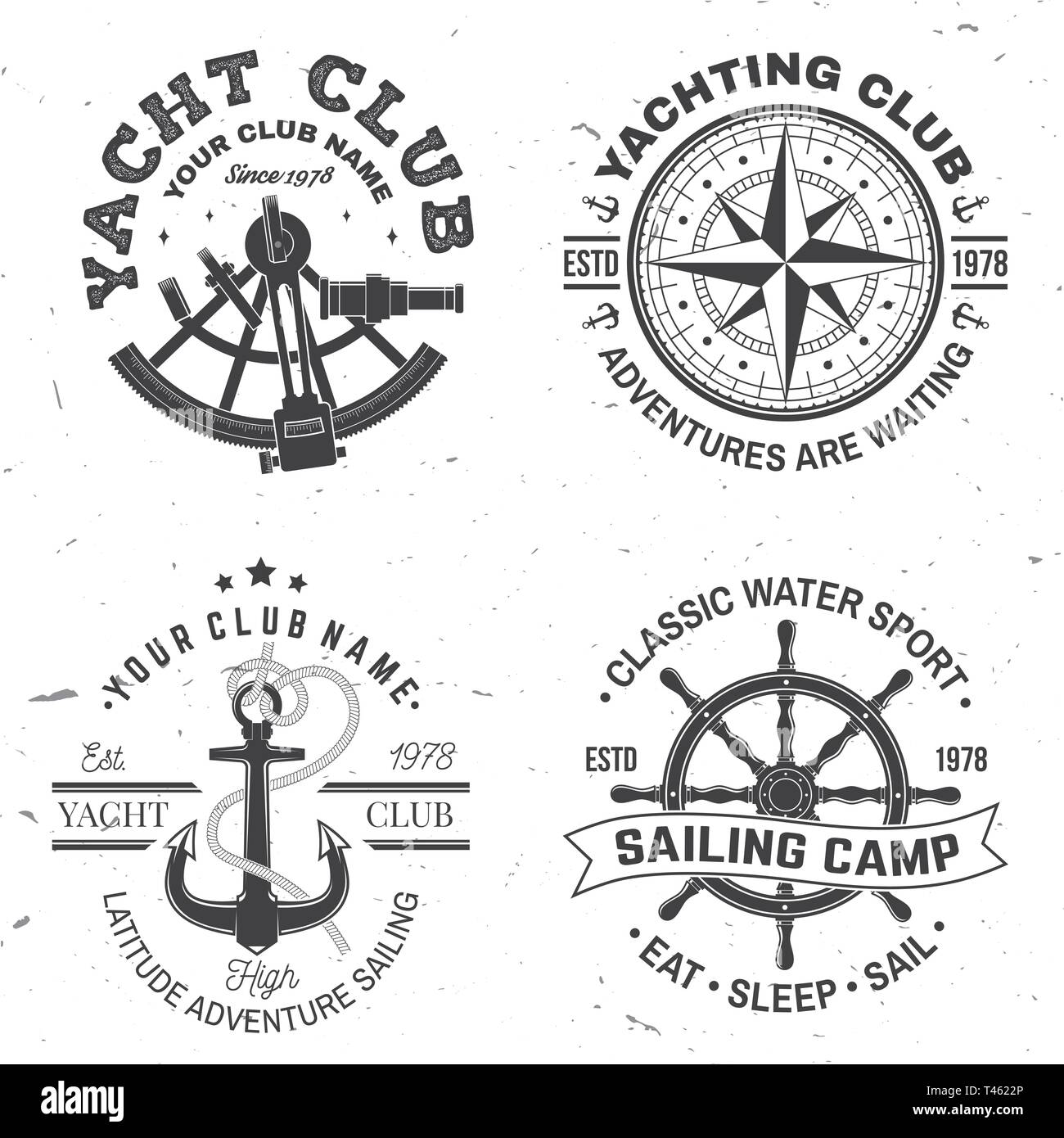 Set of summer sailing camp badge. Vector. Concept for shirt, print, stamp or tee. Vintage typography design with black sea anchors, hand wheel, compass and sextant silhouette. Best Sporting Activity Stock Vector
