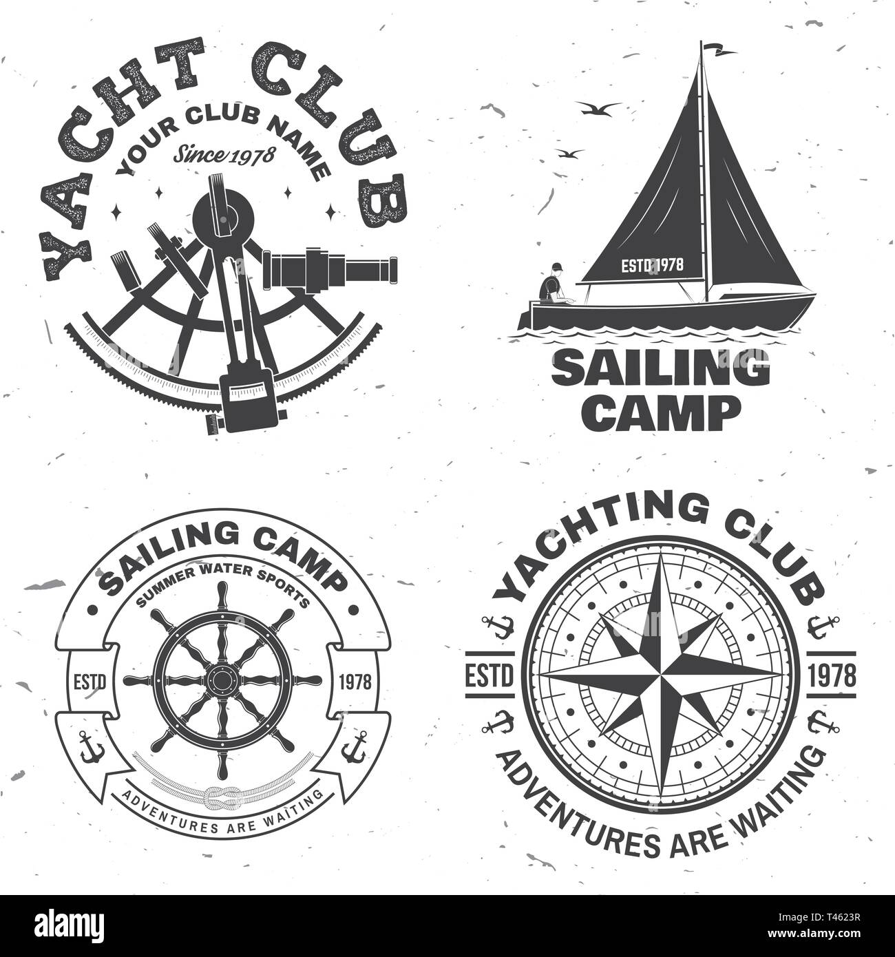 Set of summer sailing camp badge. Vector. Concept for shirt, print, stamp or tee. Vintage typography design with black sea anchors, hand wheel, compass and sextant silhouette. Best Sporting Activity Stock Vector