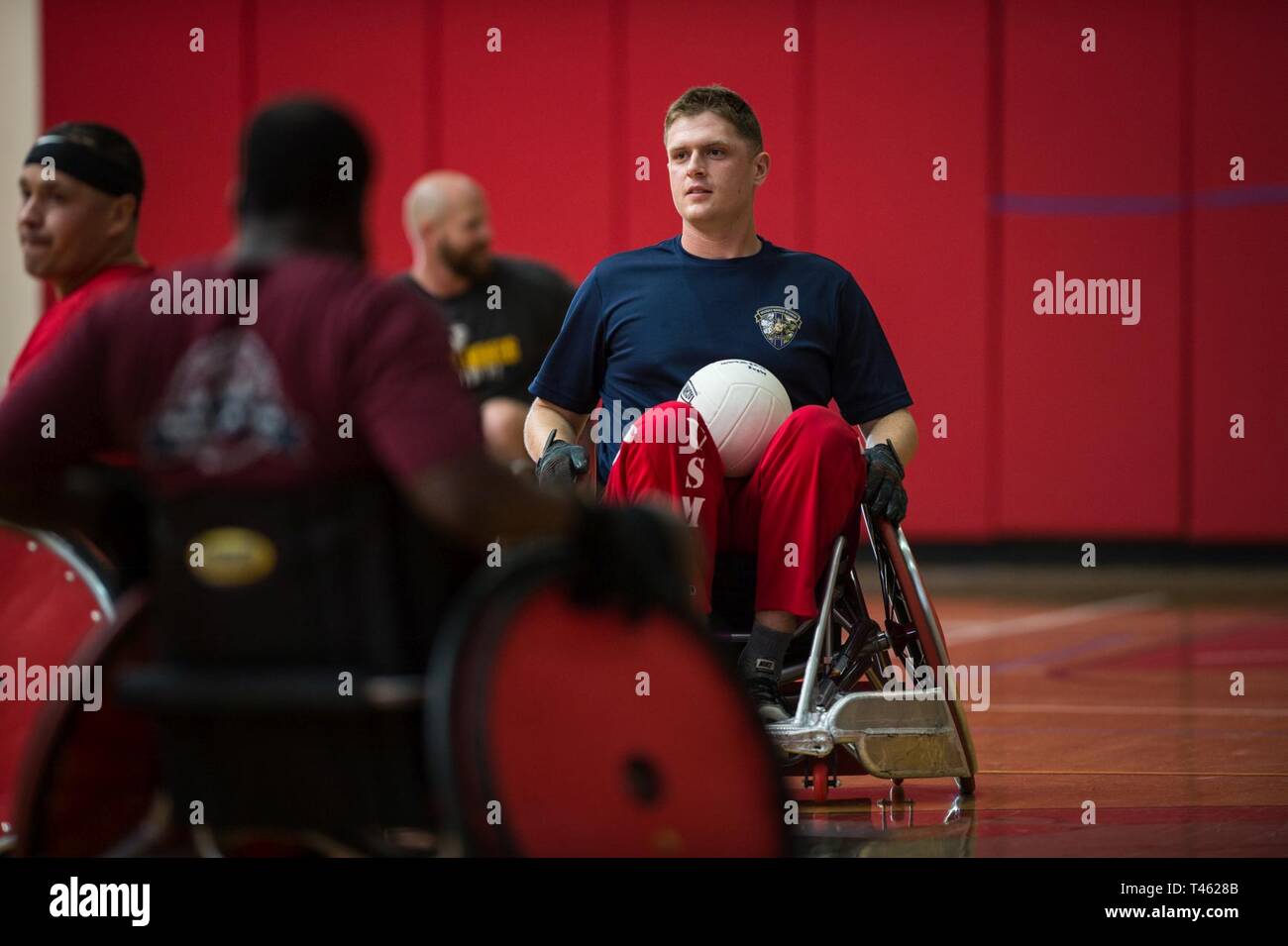 A U.S. Marine Corps athlete practices wheelchair rugby during the 2019 Marine Corps Trials at Marine Corps Base Camp Pendleton, California, Feb. 28. The Marine Corps Trials promotes recovery and rehabilitation through adaptive sports participation and develops camaraderie among recovering service members and veterans. Additionally, the competition is an opportunity for participants to demonstrate physical and mental achievements and serves as the primary venue to select Marine Corps participants for the DoD Warrior Games. Stock Photo