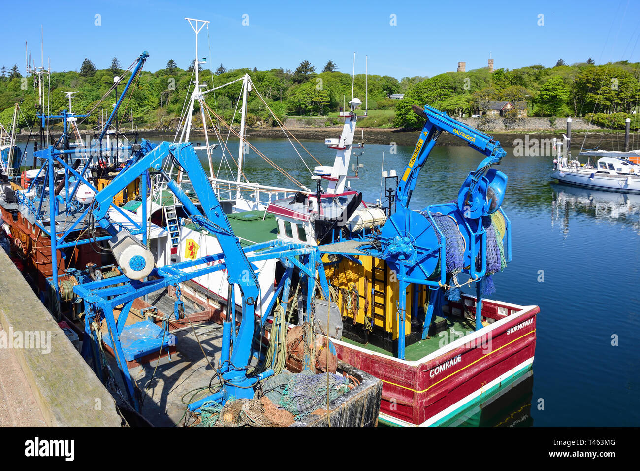 Fishing boats moored in Stornoway Harbour, Stornoway, Isle of Lewis, Outer Hebrides, Na h-Eileanan Siar, Scotland, United Kingdom Stock Photo