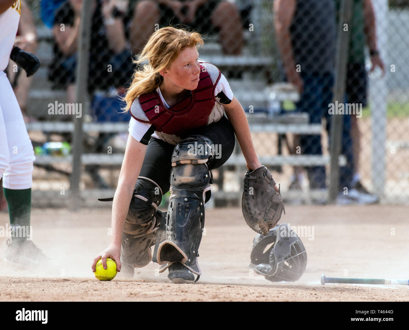 Skilled softbaall catcher with red hair and protective gear gaining a grip on the loose ball while looking up field. Stock Photo