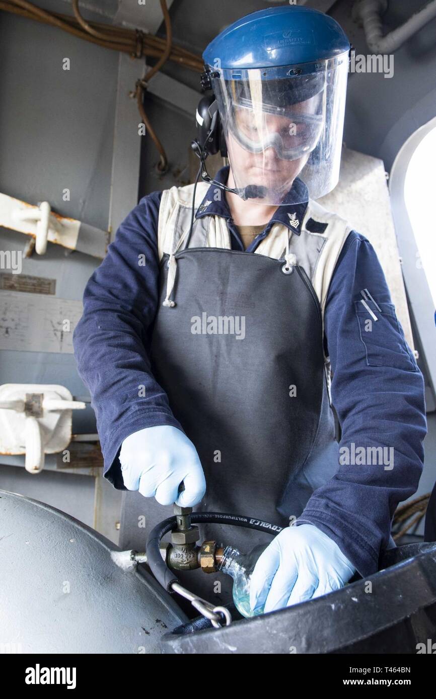 PHILIPPINE SEA (Mar. 2, 2019) Engineman 1st Class Chad Kidd, from Pryor