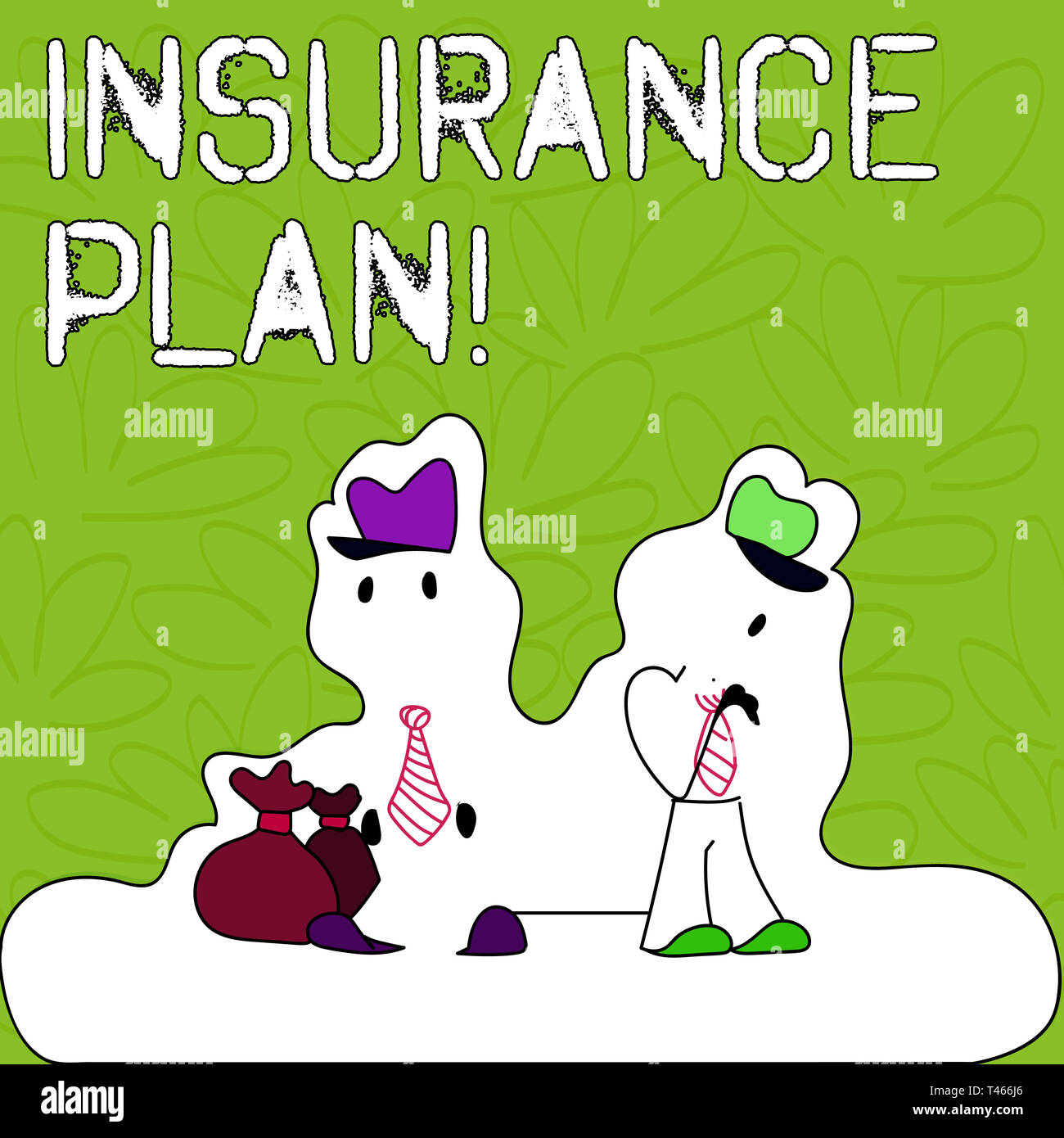 Text sign showing Insurance Plan. Business photo text provide benefits like risk cover fixed income return safety Figure of Two Men Standing with Pouc Stock Photo