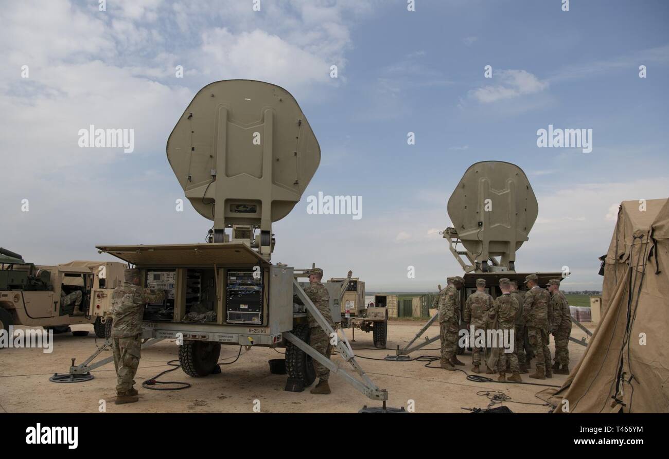 U.S. Army soldiers from Bravo Battery, 2nd Air Defense Artillery Regiment, 11th Air Defense Artillery Brigade, prepare equipment at the THAAD site, Israel, March 4, 2019.  The deployment of a THAAD System to Israel is an exercise involving U.S. Army, U.S. Air Force and Israeli forces, under the Dynamic Force Employment concept. The exercise builds readiness and interoperability in the region, demonstrates the U.S. capability to rapidly deploy air defense assets globally, and demonstrates U.S. Army Europe's mission to deter potential adversaries and support allies. Stock Photo