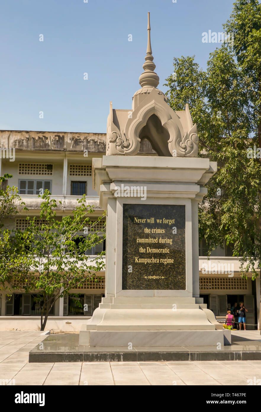 Phnom Penh, Cambodia - March 5, 2019:  Visitors at memorial to victims at the Tuol Sleng Genocide Museum, formerly S21 school used as detention and to Stock Photo