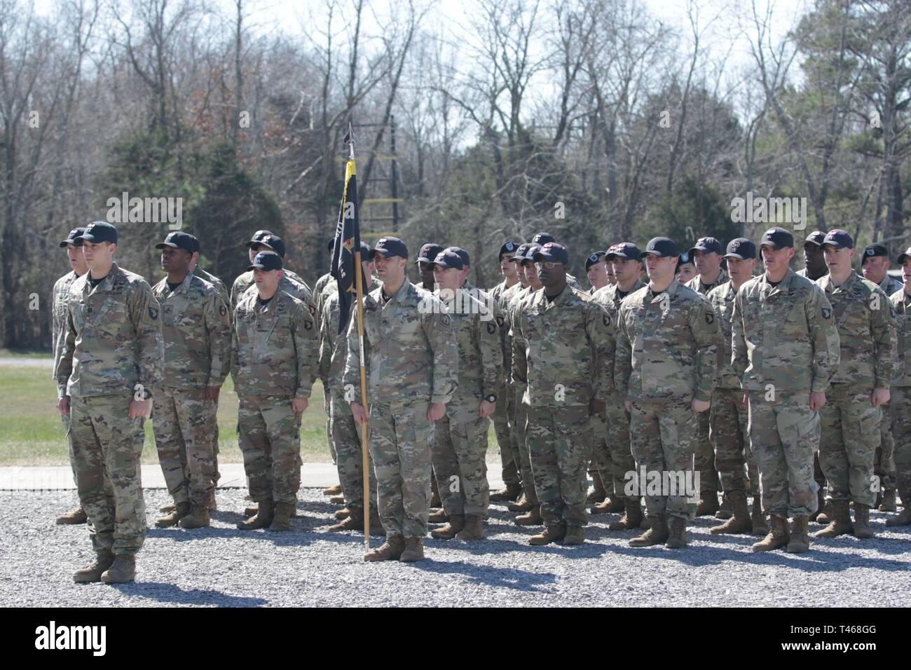 Incoming Commander of The Sabalauski Air Assault School, Captain Kevin Gibbons assumes command of TSAAS formation at the end of Change of Command Ceremony, Wednesday March 6, 2019 on Fort Campbell, Ky. Currently the school offers multiple courses, including Air Assault, Rappel Master, Fast Rope Insertion Extraction System and Special Purpose Insertion Extraction System, Pathfinder and the Pre-Ranger course. Stock Photo