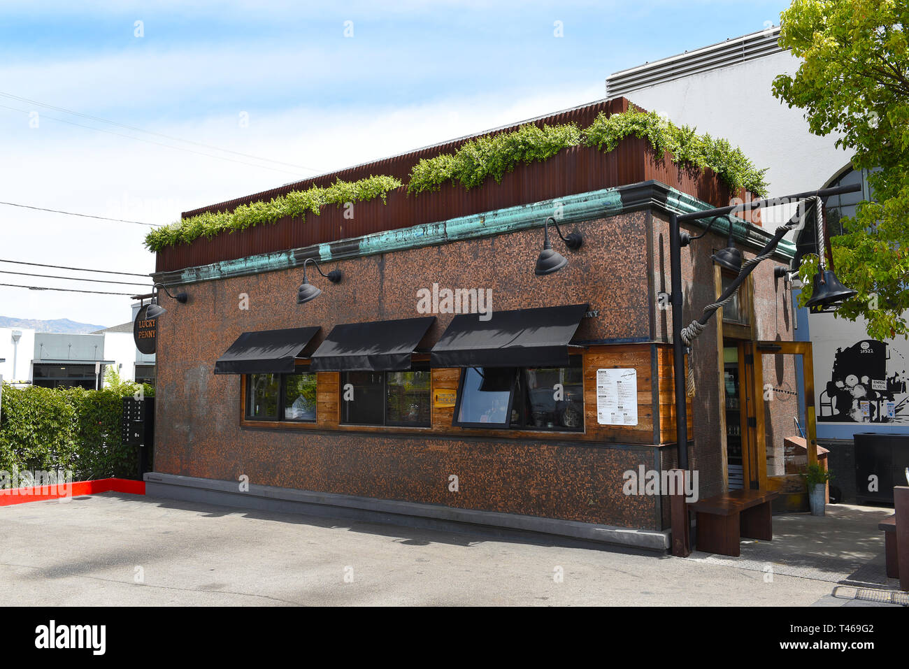 SANTA BARBARA, CALIFORNIA - APRIL 11, 2019: The Lucky Penny is a Combo pizzeria and coffeehouse featuring java, wood-oven pies and pastries in low-key Stock Photo