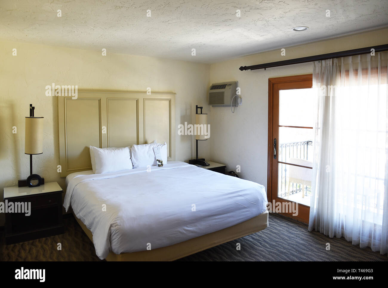 SANTA BARBARA, CALIFORNIA - APRIL 11, 2019: Hyatt Centric Hotel guest room. Across from East Beach, built  in the 1930s Spanish Colonial style, only 1 Stock Photo