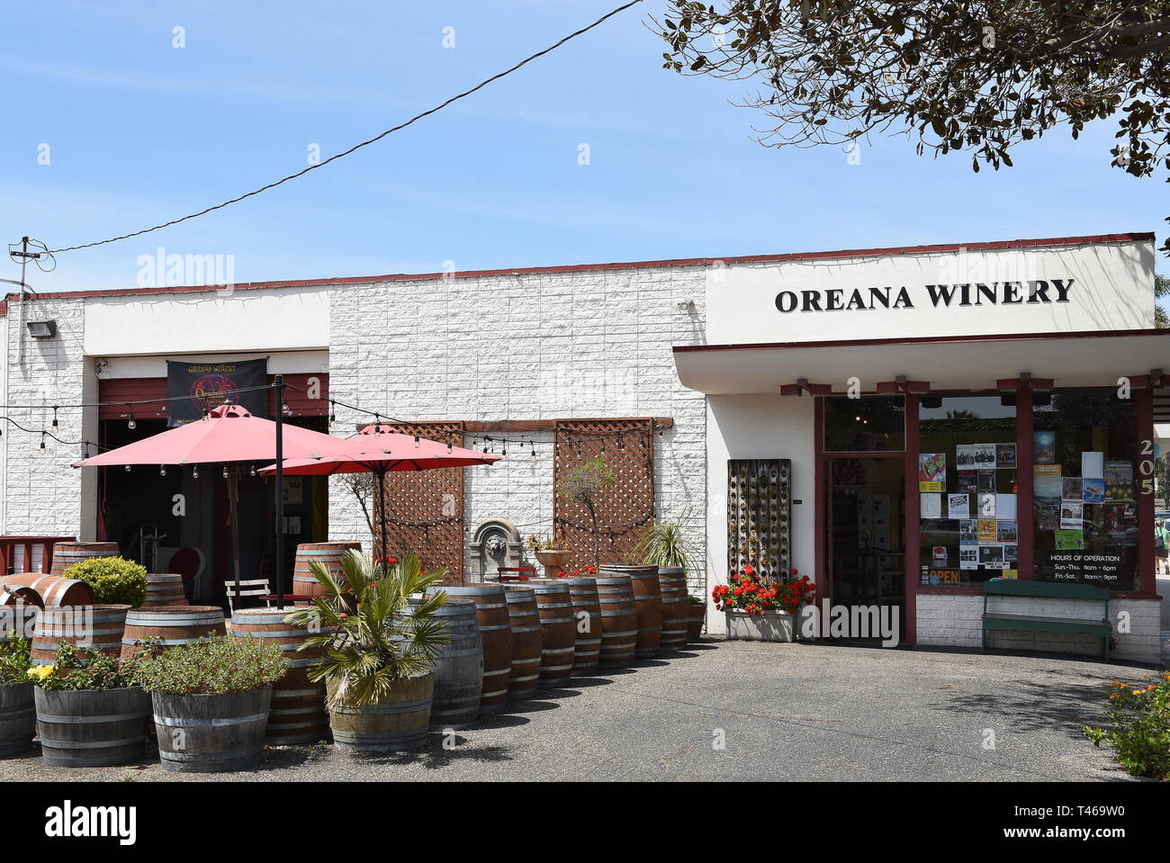 SANTA BARBARA, CALIFORNIA - APRIL 11, 2019: The Oreana Winery in an old tire shop is now an eclectic winery and tasting room focused on Pinot Noir and Stock Photo