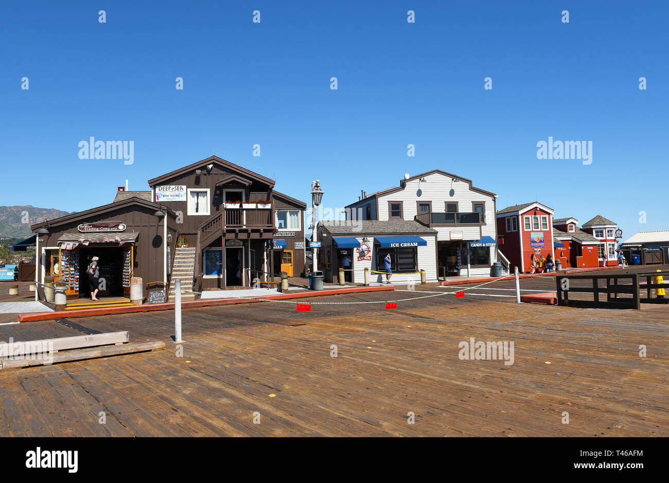 SANTA BARBARA, CALIFORNIA - APRIL 11, 2019: Shops on Stearns Wharf.  When completed In 1872, it became the longest deep-water pier between Los Angeles Stock Photo
