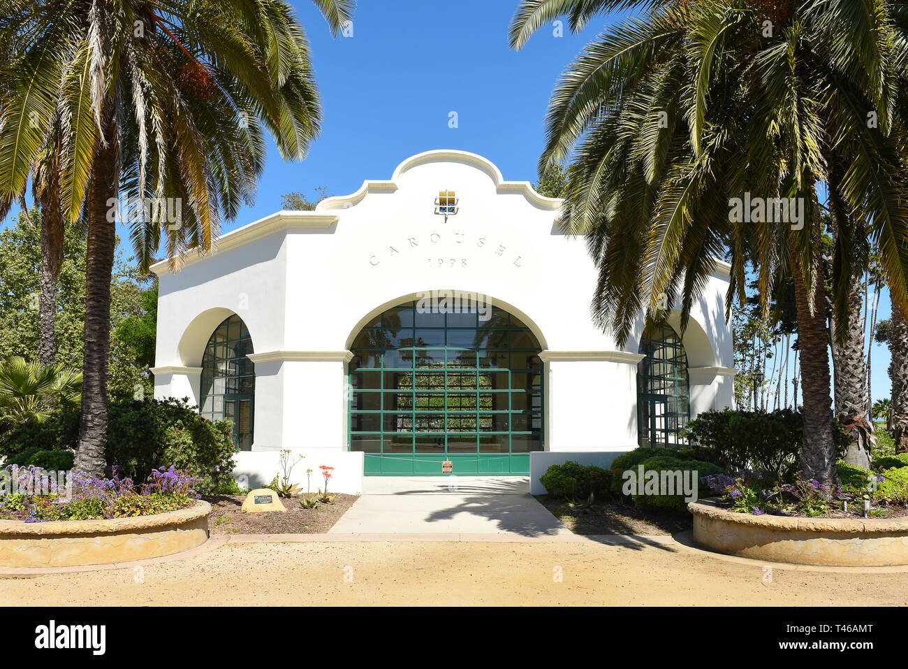 SANTA BARBARA, CALIFORNIA - APRIL 11, 2019: The Carousel Building at Chase Palm Park is a festive open-air wedding location right across from Santa Ba Stock Photo