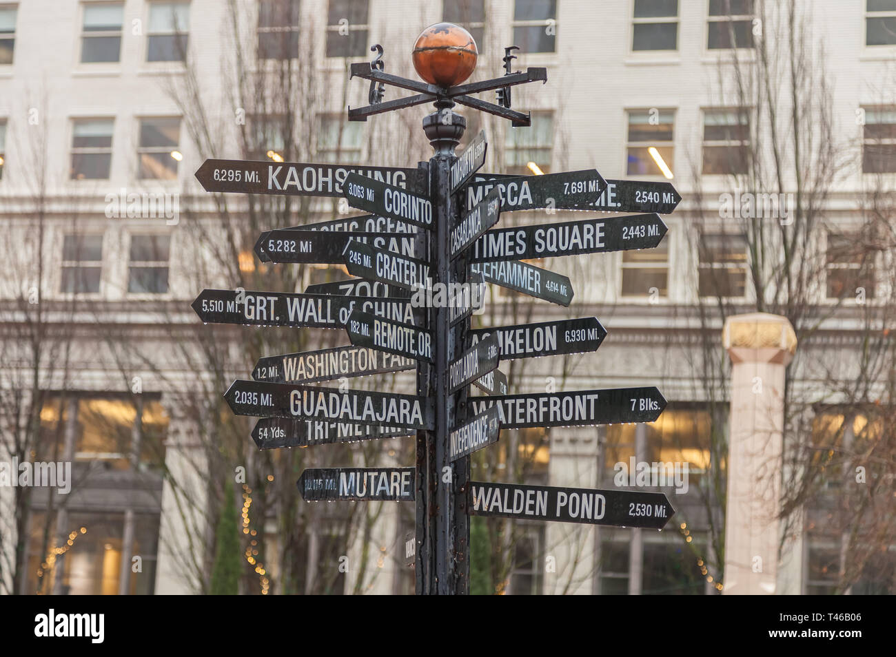 Street signs at Pioneer Courthouse Square, Portland, Oregon, United States. Stock Photo