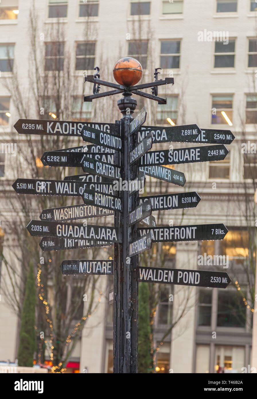 Street signs at Pioneer Courthouse Square, Portland, Oregon, United States. Stock Photo