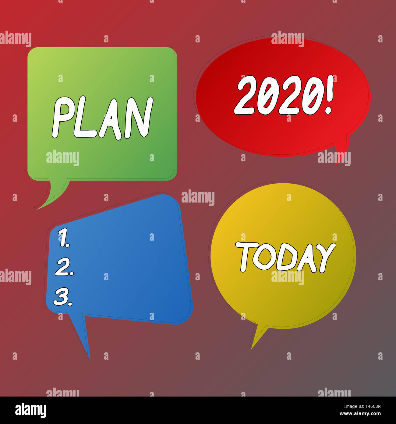 Handwriting text Plan 2020. Conceptual photo detailed proposal doing achieving something next year Blank Speech Bubble Sticker in Different Shapes and Stock Photo