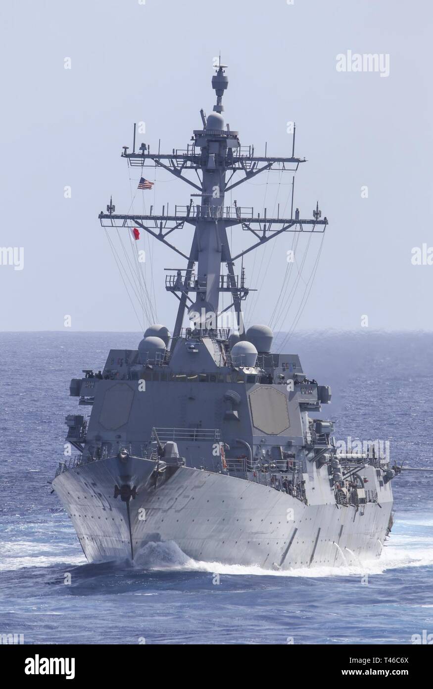 PACIFIC OCEAN (March 11, 2019) The Arleigh-Burke class guided-missile destroyer USS McCampbell (DDG 85) transits the Pacific Ocean during a training exercise with other U.S. Navy warships. U.S. Navy warships train together to increase the tactical proficiency, lethality, and interoperability of participating units in an Era of Great Power Competition. Stock Photo