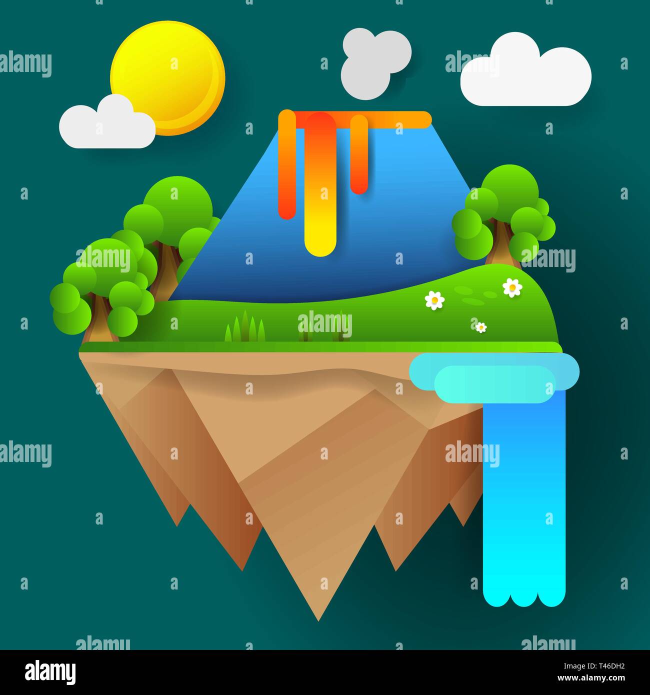 Volcano eruption natural cataclysm vector illustration for your design Stock Vector