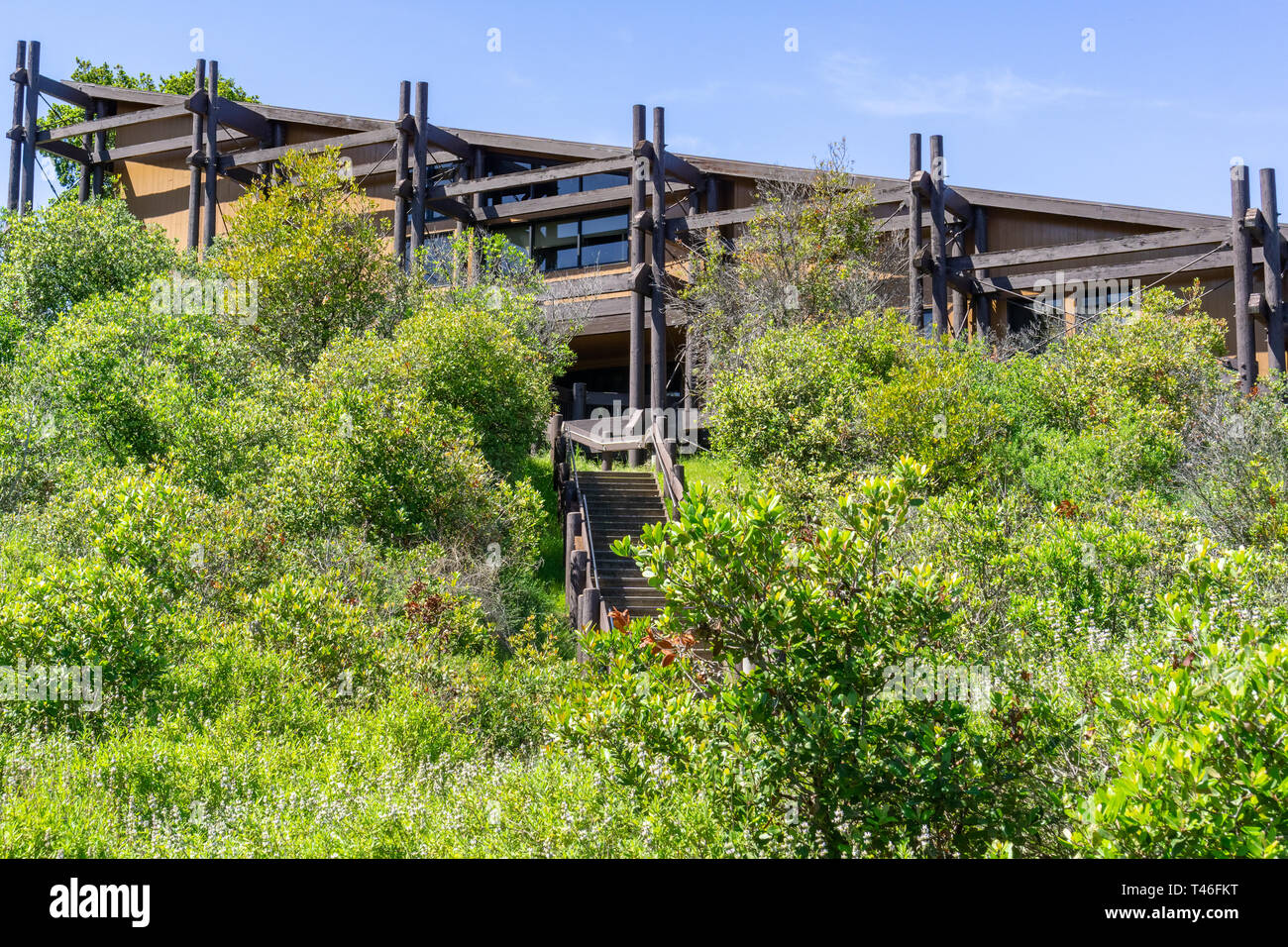 Don Edwards San Francisco Bay National Wildlife Refuge building surrounded by trees and shrubs, East San Francisco bay area, Fremont, California Stock Photo