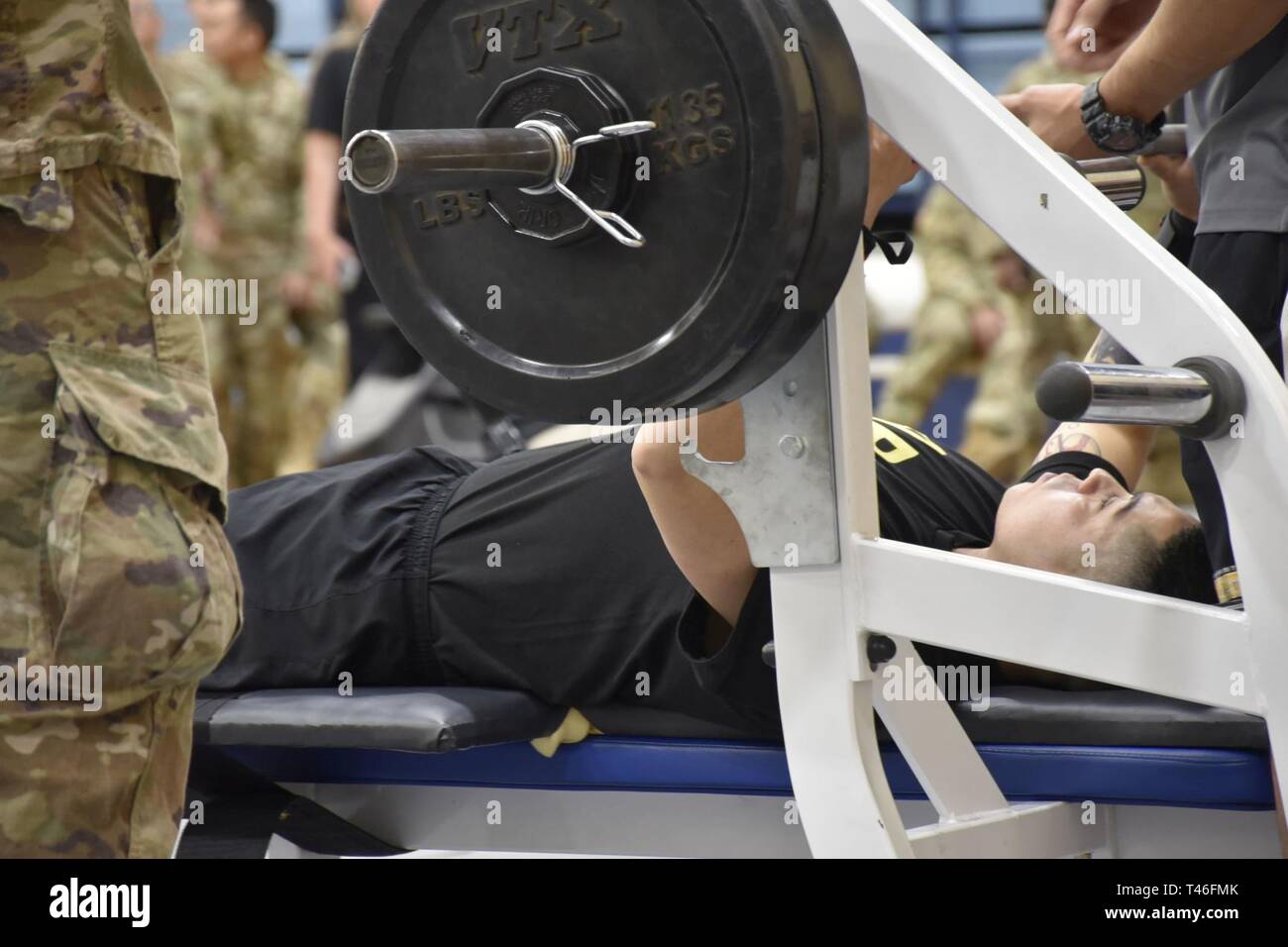 Sgt. Christopher Campos competes in the powerlifting competition at Fort Bliss, Texas, Mar. 8, during the 2019 Army Trials. The 2019 Army Trials at Fort Bliss, Texas is an adaptive sports competition from Mar. 5-16 with over 100 wounded, ill and injured active-duty Soldiers and veterans competing in 14 different sports for the opportunity to represent Team Army at the 2019 Department of Defense Warrior Games in Tampa, Florida. Stock Photo