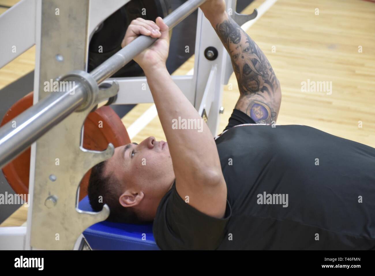 Capt. David Espinoza competes in the powerlifting competition during the 2019 Army Trials at Fort Bliss, Texas, Mar. 8. The 2019 Army Trials at Fort Bliss, Texas is an adaptive sports competition from Mar. 5-16 with over 100 wounded, ill and injured active-duty Soldiers and veterans competing in 14 different sports for the opportunity to represent Team Army at the 2019 Department of Defense Warrior Games in Tampa, Florida. Stock Photo