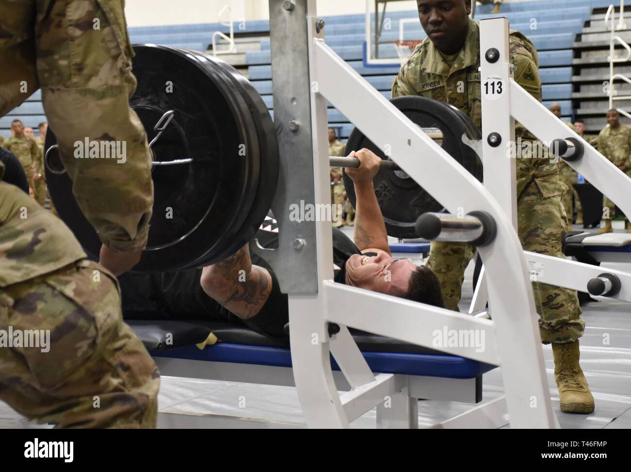 Capt. David Espinoza, a wounded warrior athlete assigned to Warrior Transition Battalion - Hawaii, competes in the men's powerlifting compeition during the 2019 Army Trials, at Fort Bliss, Texas, Mar. 8. Stock Photo