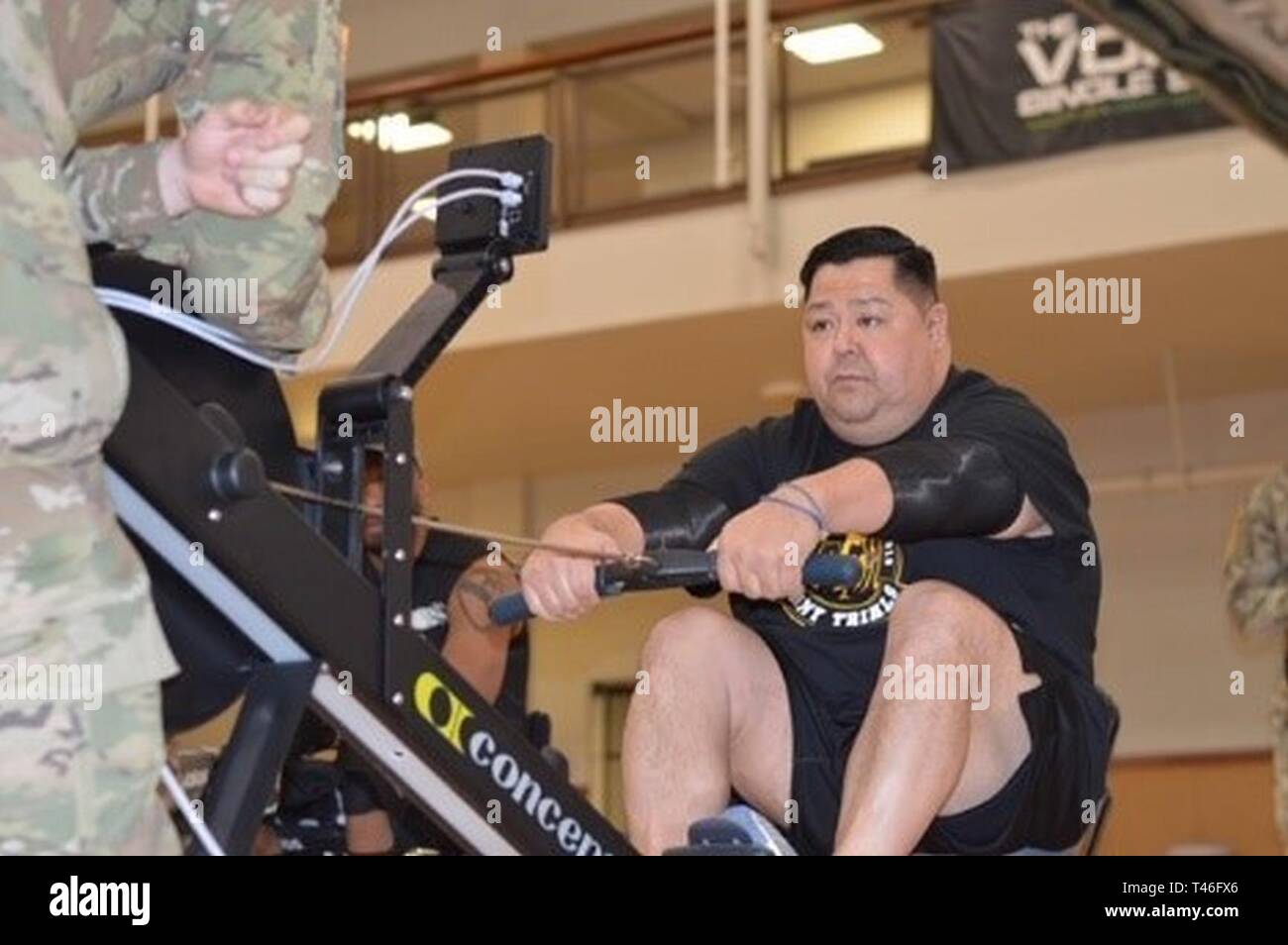 Retired Staff Sgt. Michael Shaw participates in the 2019 Army Trials indoor rowing competition, March 7, at Fort Bliss, Texas. Army Trials is an adaptive-sports competition taking place from March 5 - 16 with nearly 100 wounded, ill and injured active-duty Soldiers and veterans competing in 14 different adaptive sports for the opportunity to represent Team Army at the 2019 Department of Defense Warrior Games in Tampa, Florida. Stock Photo