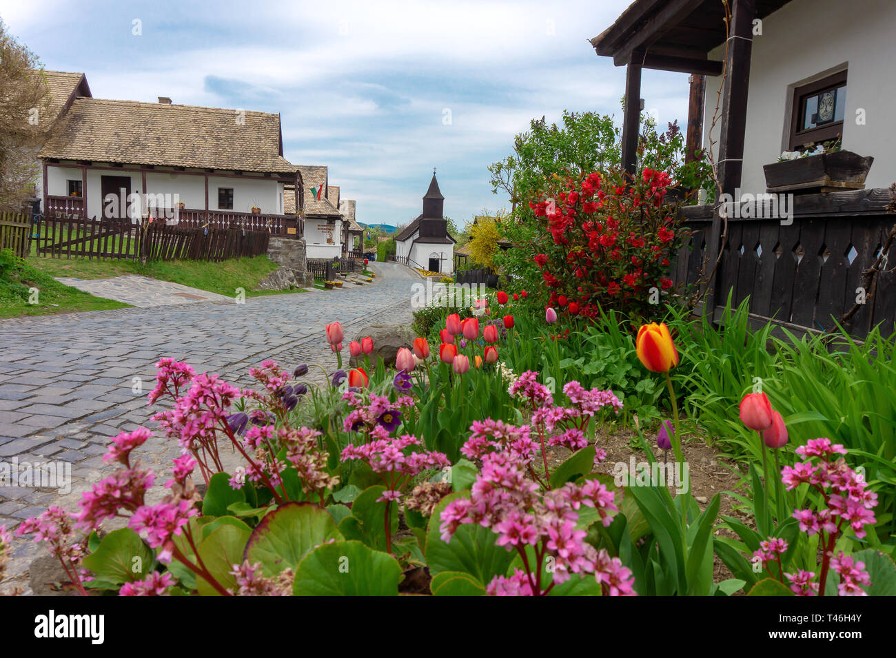Little village Holloko in Hungary famous for easter celebration and its old traditional hungarian houses Unesco world heritage spring time with flower Stock Photo