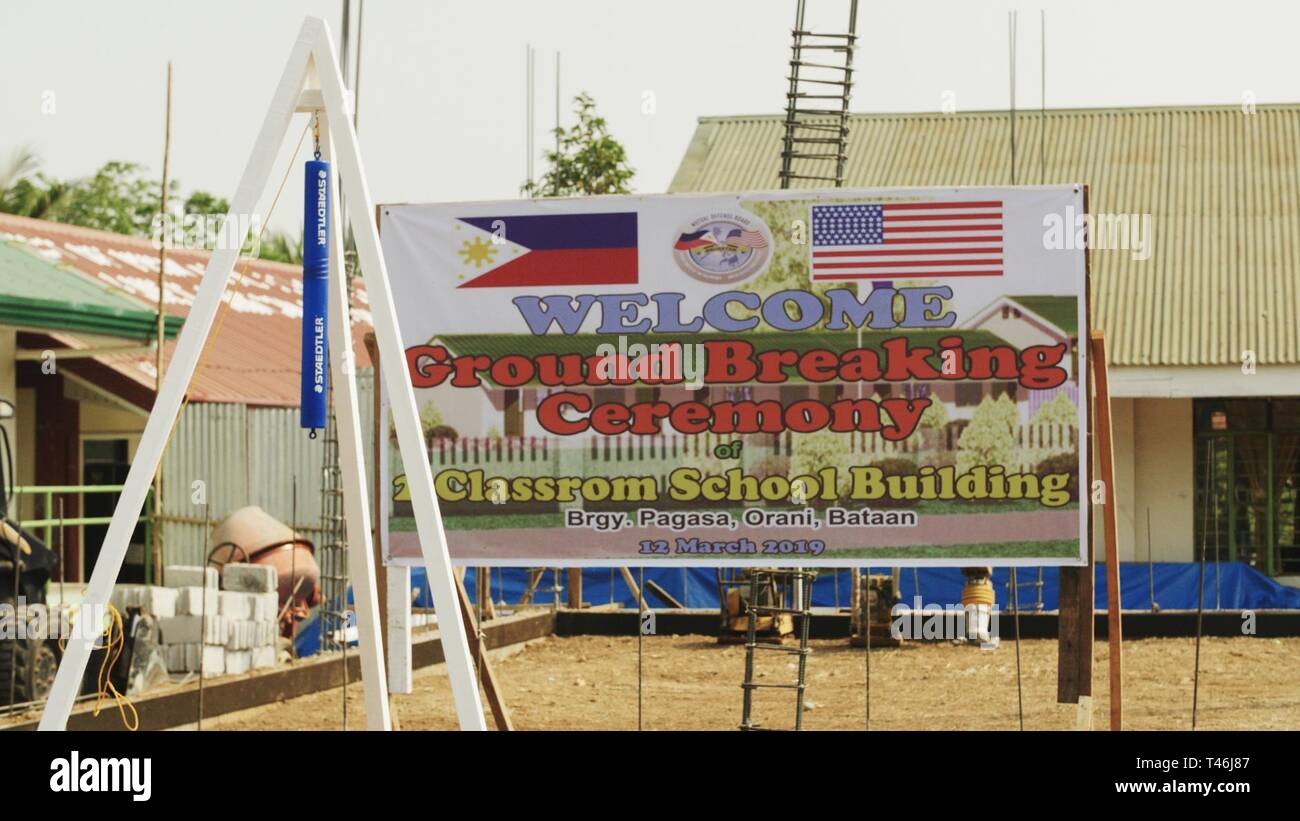 The welcome sign for Engineering Civic Action Project 4 opening ceremony hangs at Pagasa Elementary School in Orani, Bataan, as part of Exercise Balikatan, March 12, 2019. Exercise Balikatan, in its 35th iteration, is an annual U.S.-Philippine military training exercise focused on a variety of missions, including humanitarian assistance and disaster relief, counterterrorism, and other combined military operations. Stock Photo