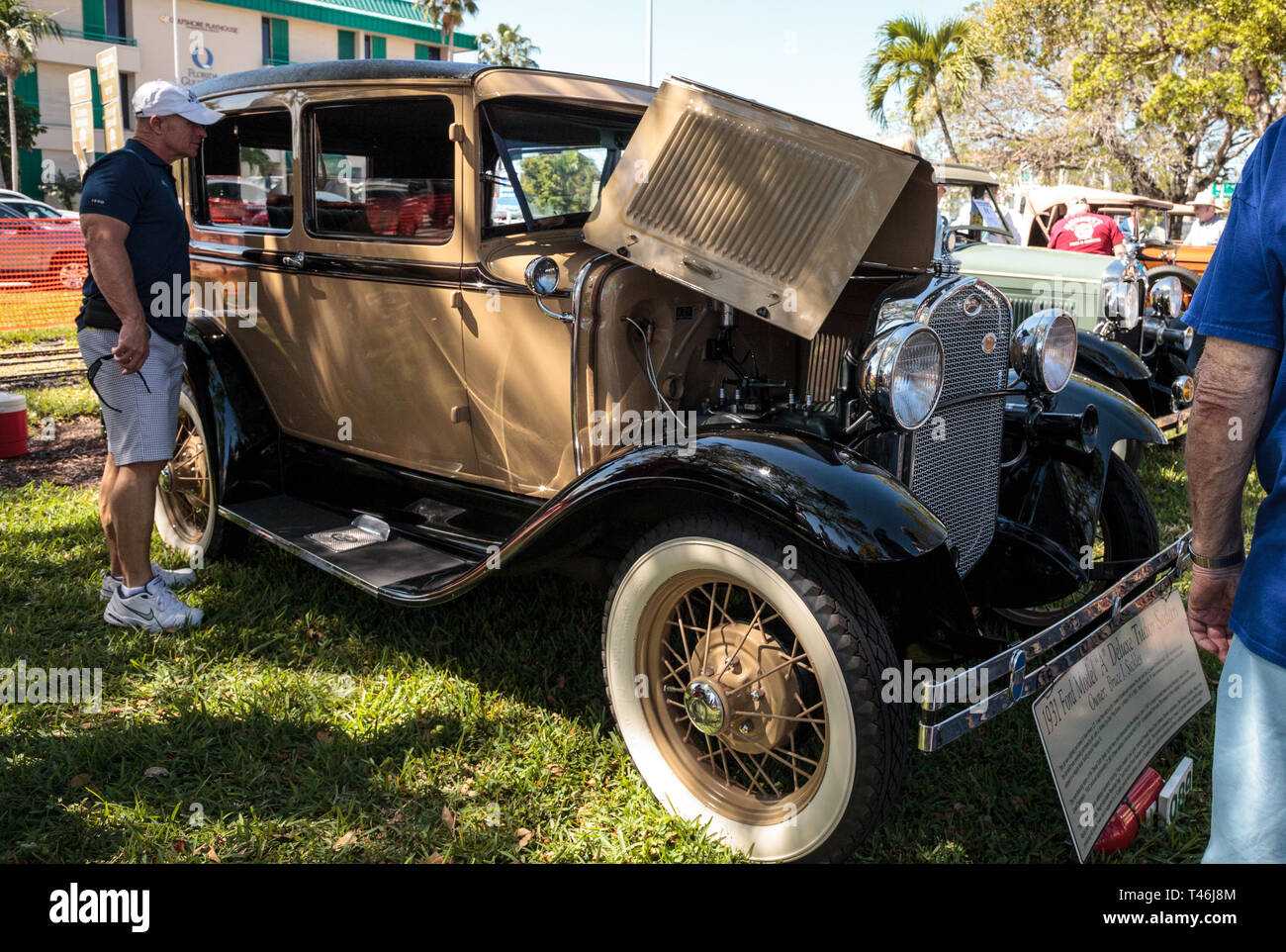 Naples, Florida, USA – March 23,2019: Tan 1931 Ford Model A Deluxe Tudor Sedan at the 32nd Annual Naples Depot Classic Car Show in Naples, Florida. Ed Stock Photo