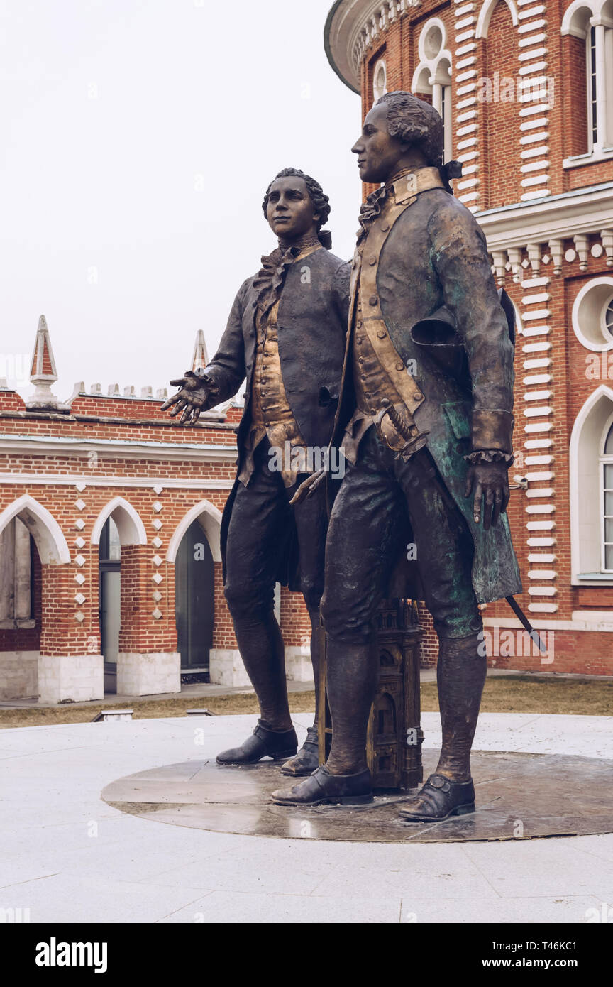 Moscow, Russia, March 11, 2017: Sculpture of architects of Tsaritsyno Vasiliy Bazhenov and Matvey Kazakov thats located on the grounds of museum Stock Photo