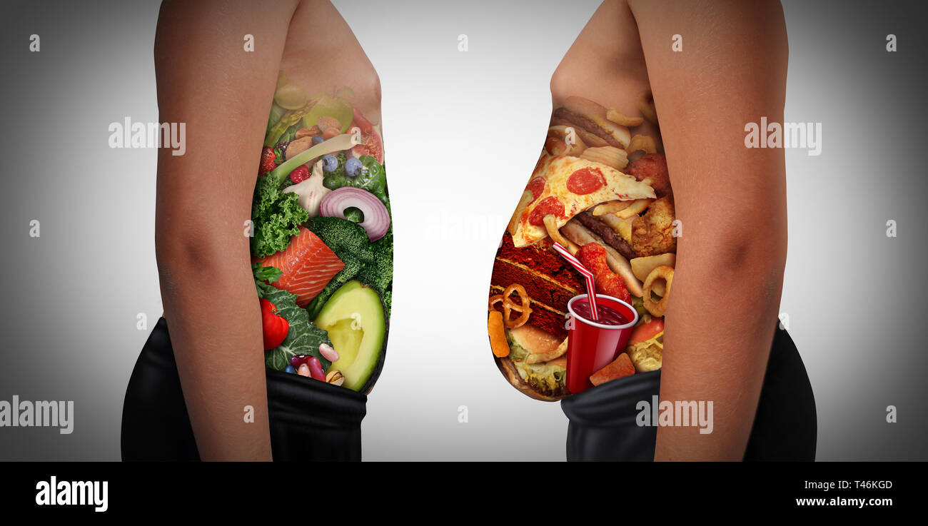 Child nutrition choice eating unhealthy diet or healthy food as a side view of a fat and normal kid with the stomach made from junk food or health. Stock Photo
