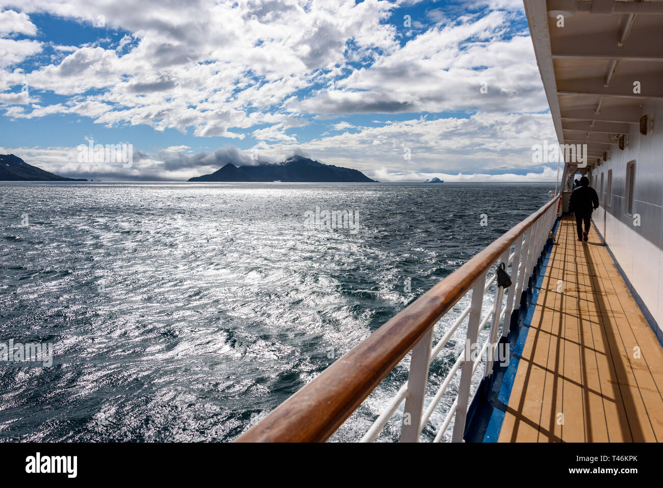 View of South Georgia early on a cloudy day from outside deck of cruise ship, Atlantic Ocean Stock Photo