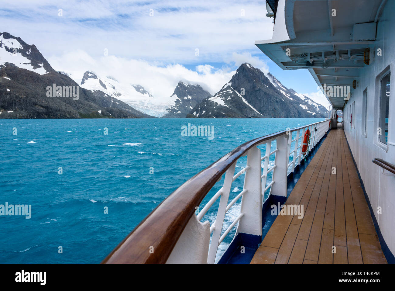 View of Drygalski Fjord early on a cloudy day from outside deck of cruise ship, South Georgia, Atlantic Ocean Stock Photo