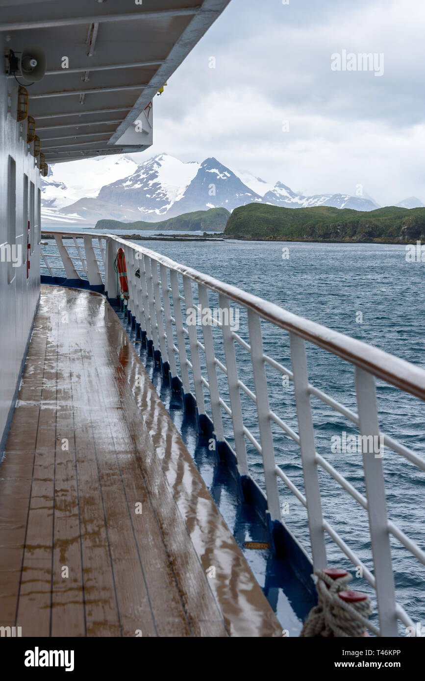 View of Prion Island on a cloudy day from outside deck of cruise ship, South Georgia, Atlantic Ocean Stock Photo