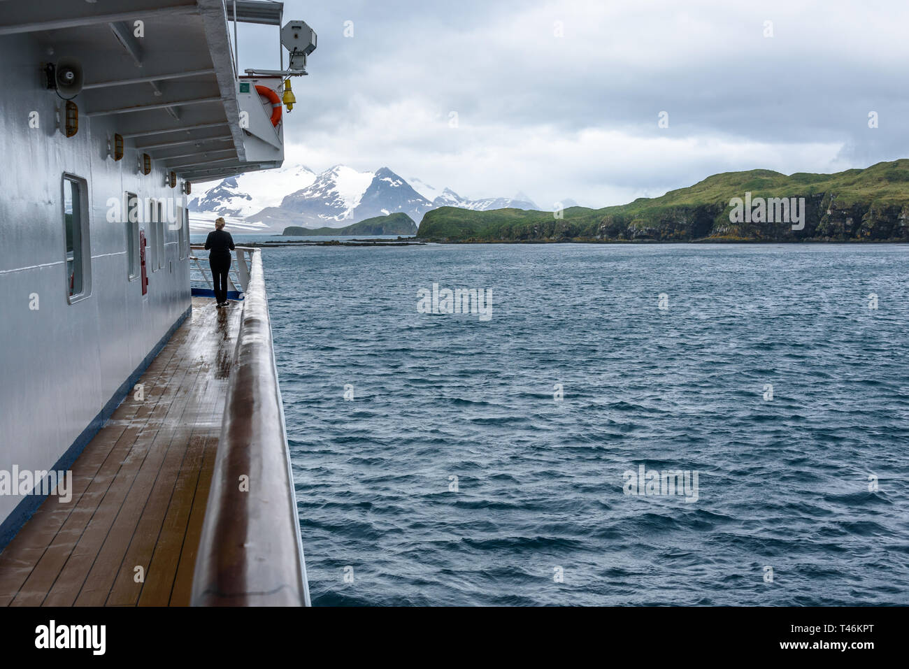 View of Prion Island on a cloudy day from outside deck of cruise ship, South Georgia, Atlantic Ocean Stock Photo