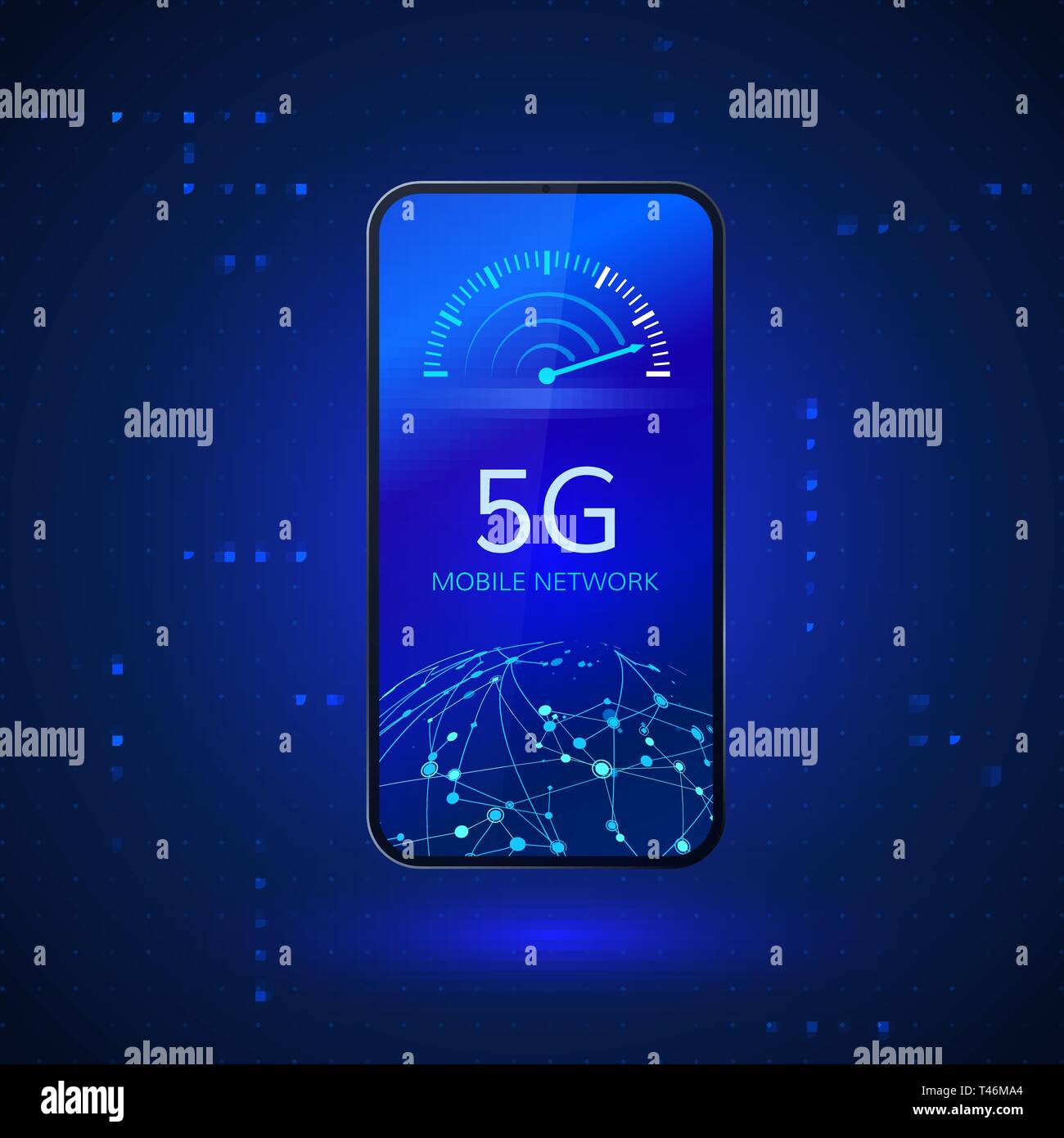 5G network wireless systems and internet. Communication network. Mobile phone with internet speed indicator and global network. Vector illustration Stock Vector