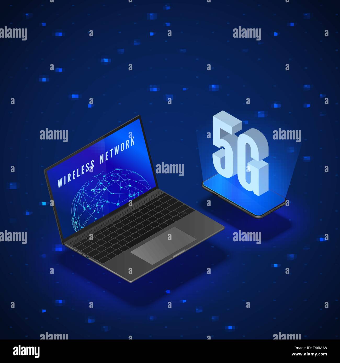 5G Wireless Network Systems. Mobile Internet Technology. Laptop and phone isometric banner 5G Network Technology. Vector illustration Stock Vector