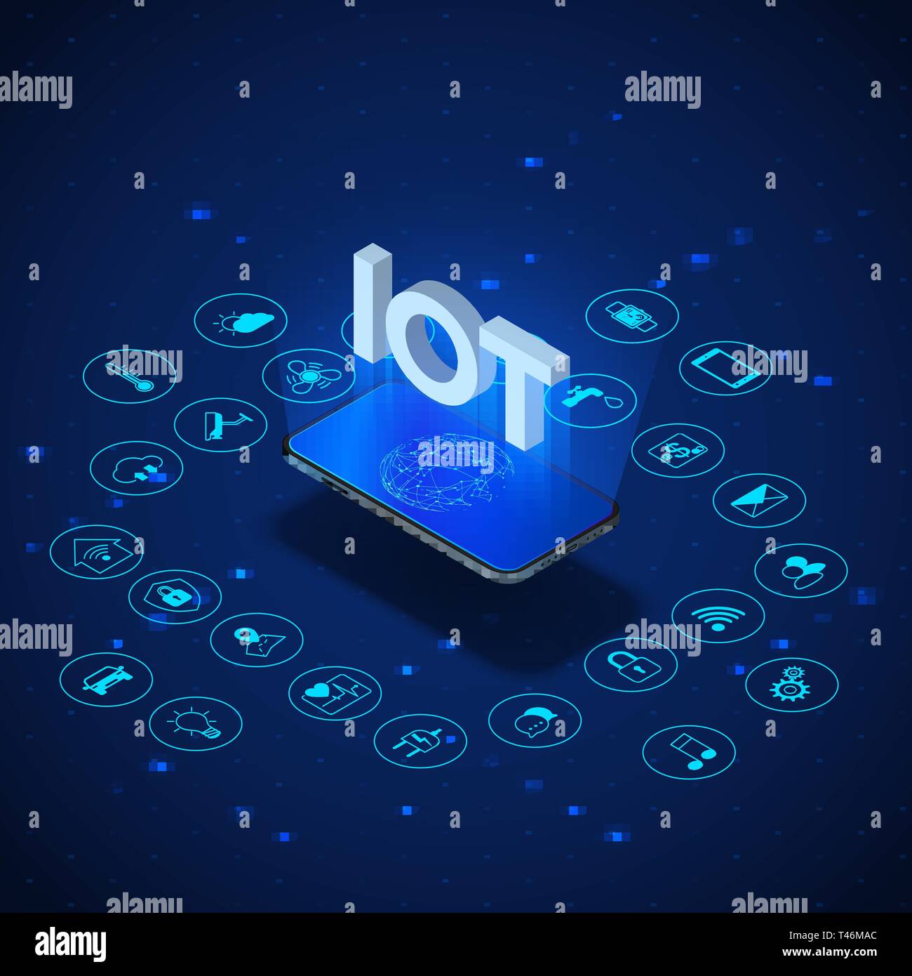 Internet of things concept. IOT isometric banner. Digital global ecosystem. Monitoring and control by smartphone. Vector illustration Stock Vector