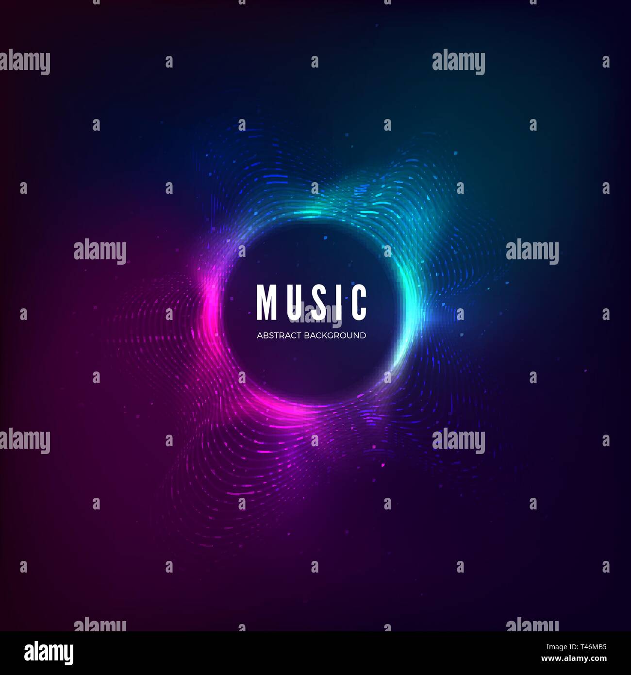 Radial sound wave curve with light particles. Colorful equalizer visualisation. Abstract colorful cover for music poster and banner. Vector illustrati Stock Vector