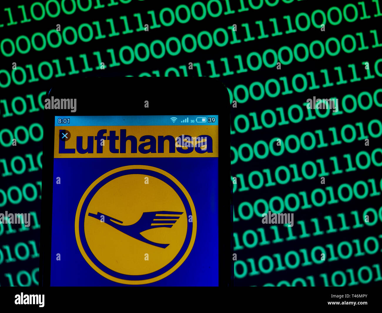 In this photo illustration a Deutsche Lufthansa AG logo seen displayed on a smart phone Stock Photo