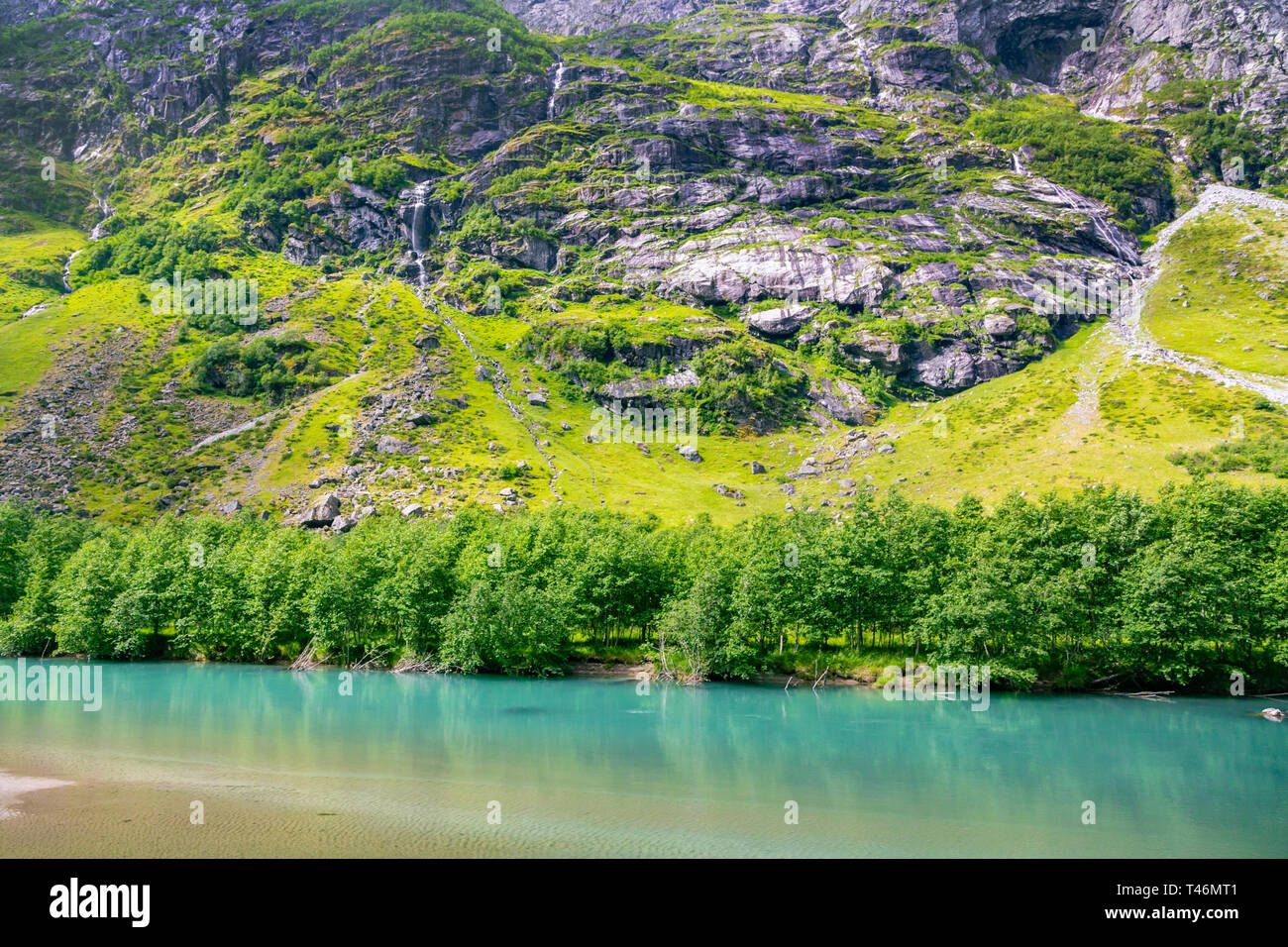 Norway landscapes. Beautiful mountainous landscape around Norwegian fjord in sunny day. Beautiful Nature Norway natural landscape. Stock Photo