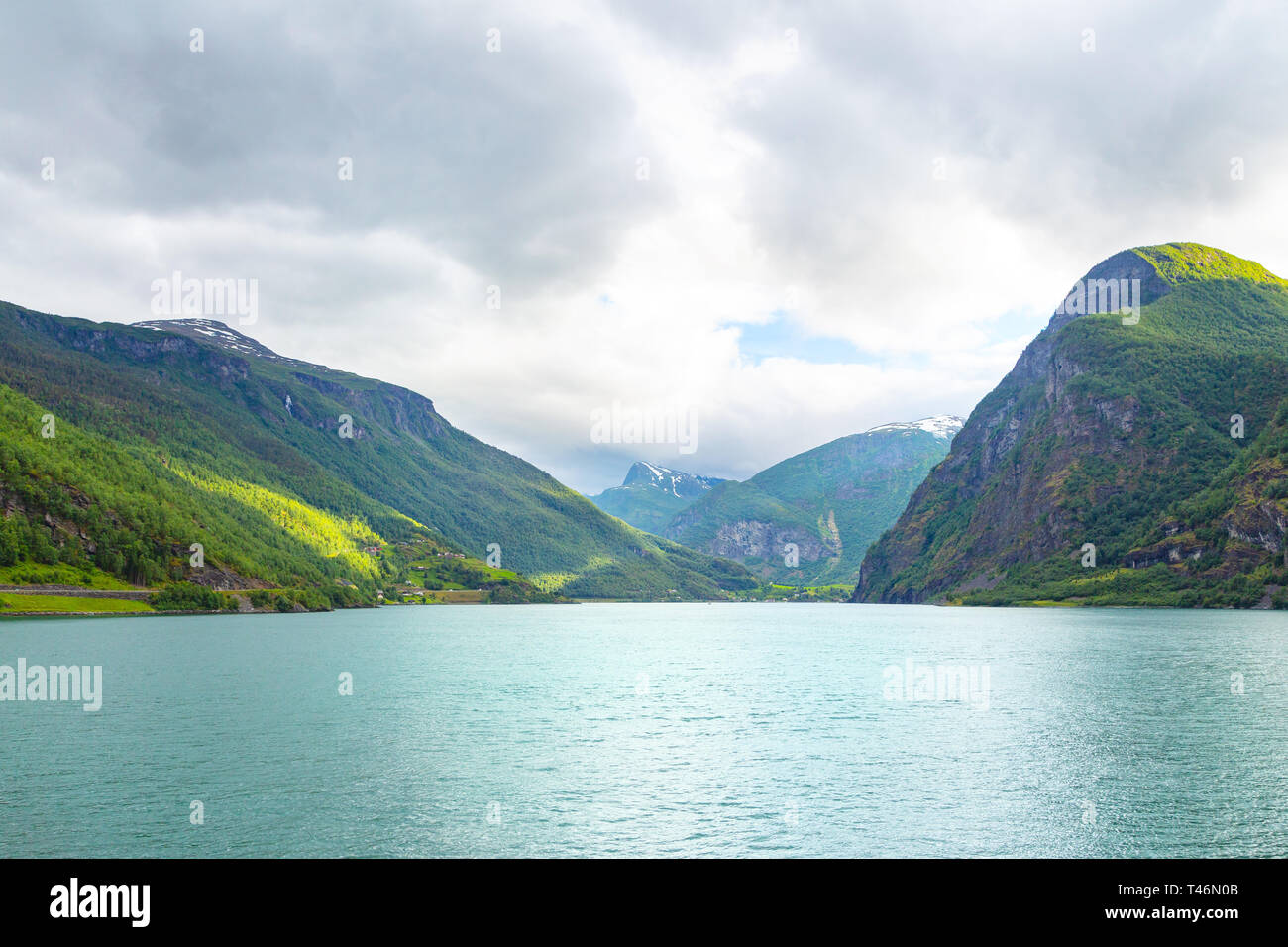 Panoramic view of Geiranger fjord near Geiranger seaport, Norway. Norway nature and travel background. View from the ferry on the fjord in Norway. Stock Photo