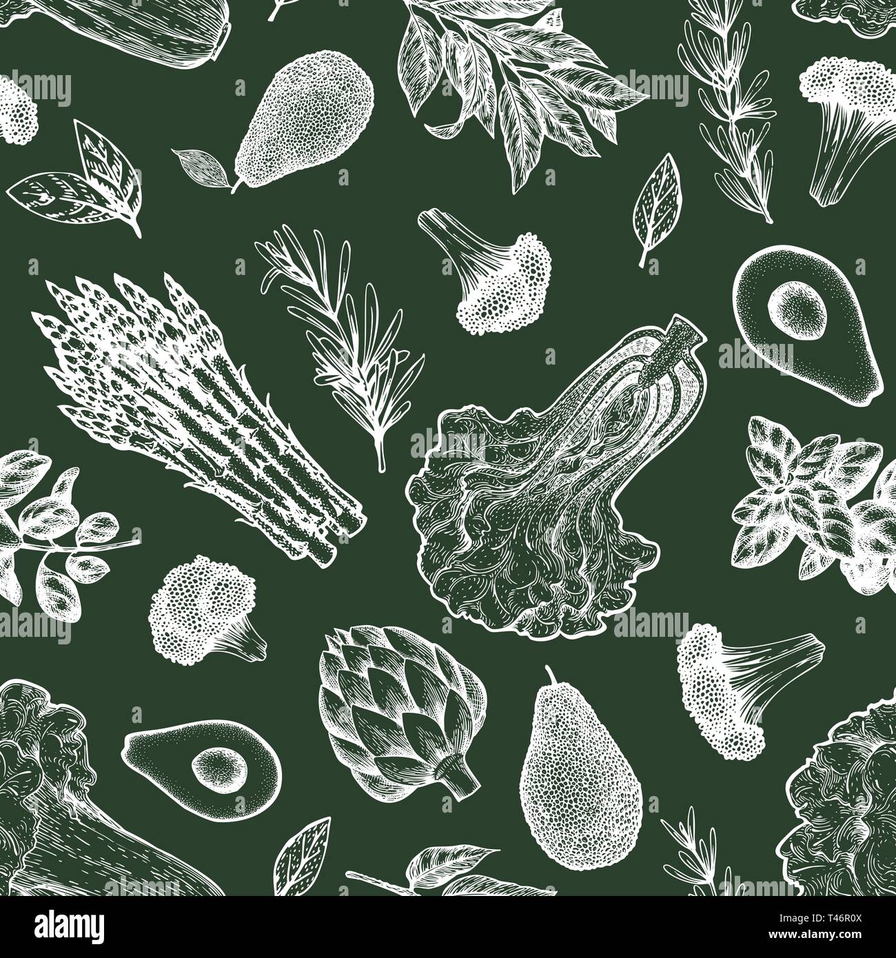 Green vegetables seamless pattern. Hand drawn vector food illustration ...