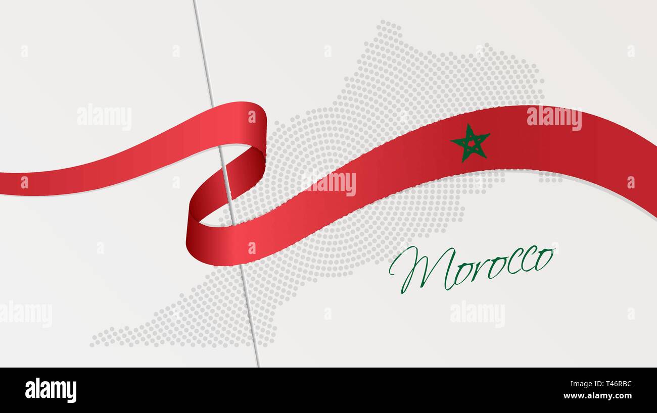 Vector illustration of abstract radial dotted halftone map of Morocco and wavy ribbon with Moroccan national flag colors for your design Stock Vector