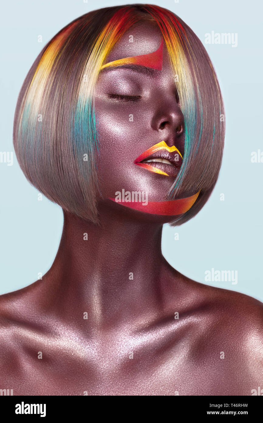 Beautiful Girl With Multi Colored Hair And Creative Make Up And
