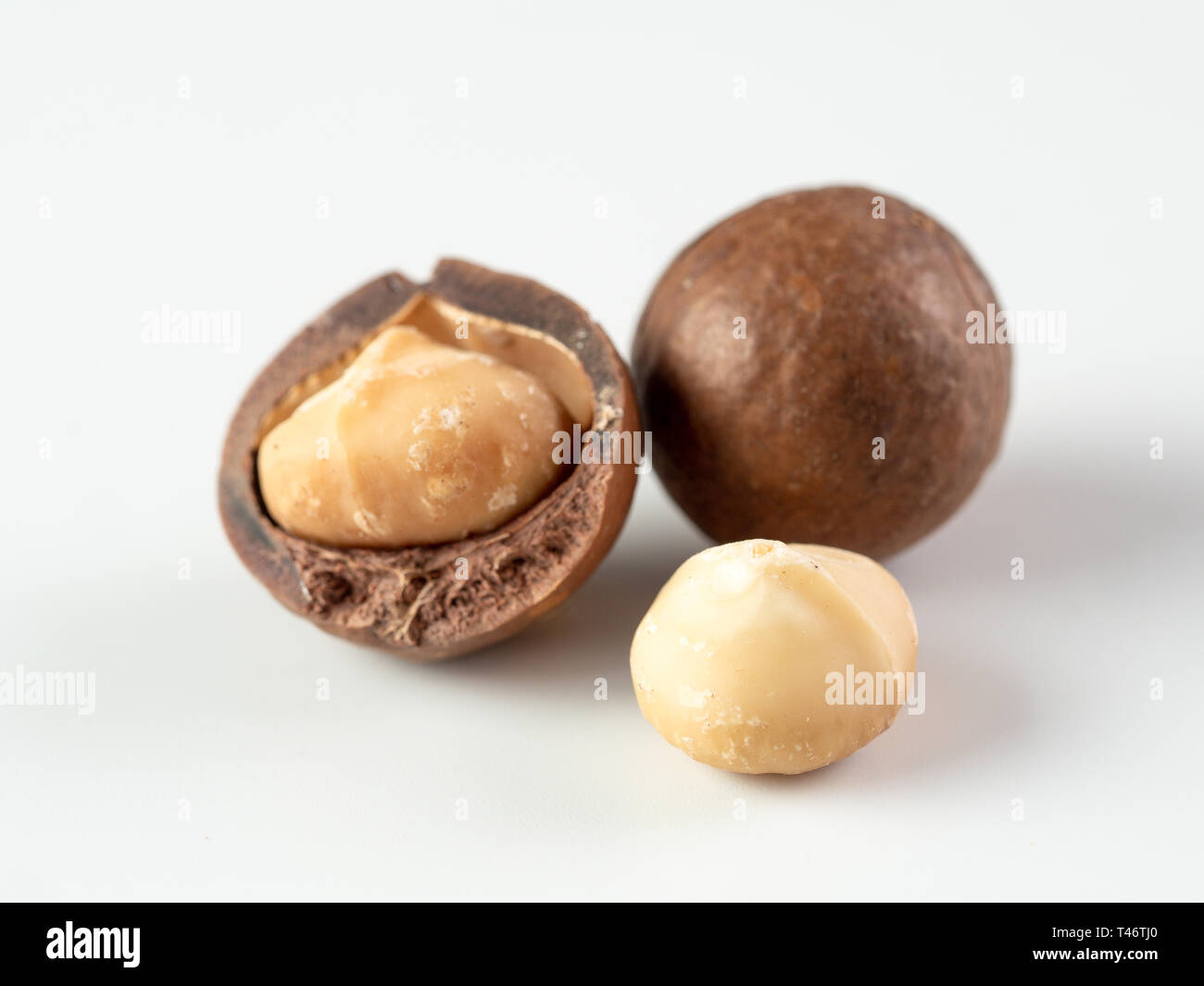 Three peeled macadamia nuts on white background. Set of three macadamia nuts - unshelled, with open shells, and shelled. isolated on white. Copy space for text. Stock Photo