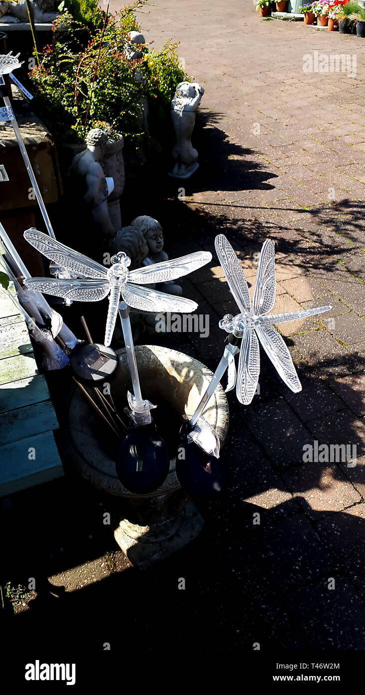 Plastic or glass dragonflies in aGarden Centre  in Brierfield Nelson Lancashire Stock Photo