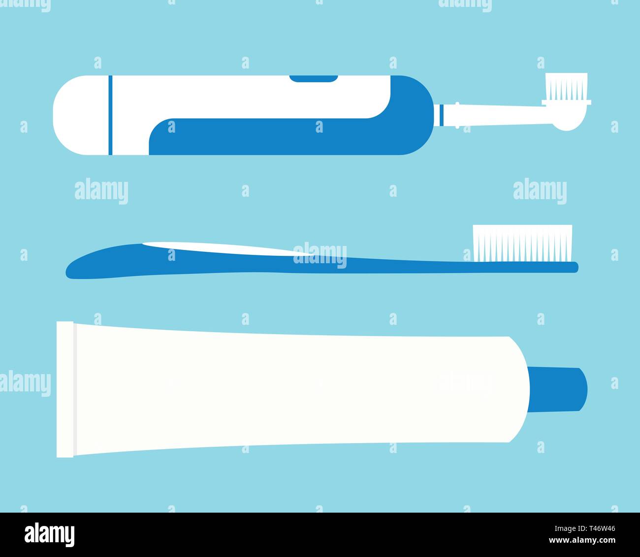 Set flat design illustrations of electric toothbrush and tube of ...